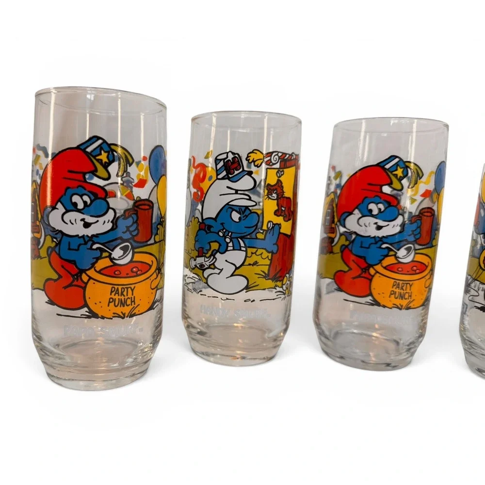Vintage 1983 Smurf Drinking Glass Lot of 7 Peyo Wallace Berrie Baker Papa Clumsy